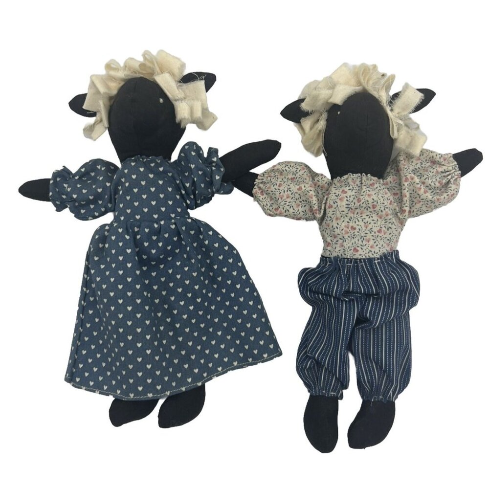 2 Folk Art Primitive Handmade Black Sheep Boy Girl Dress Pantaloons 8" Soft Toy